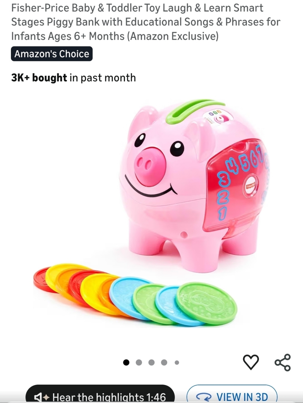 Fisher-Price Pink Interactive Laugh & Learn Piggy Bank with Multicolor Coins